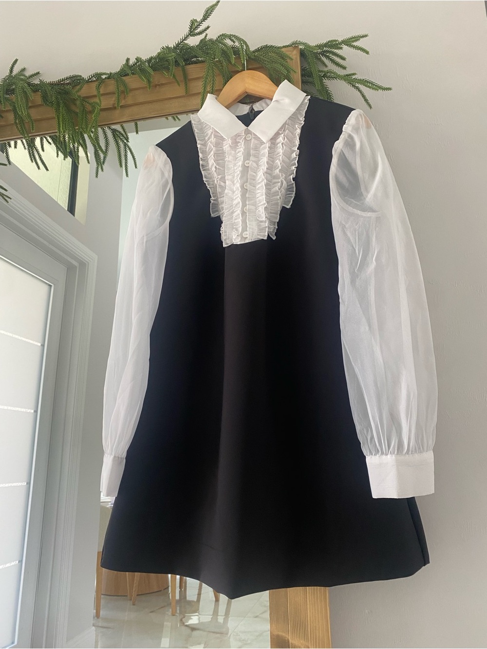 SHEIN Black Dress with White Ruffled Bib and Sheer Sleeves